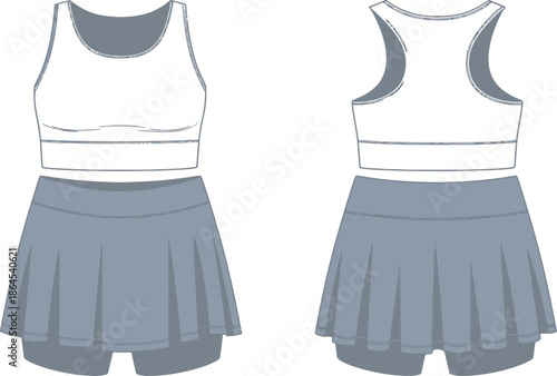Illustration of a gray sports bra and matching skirt with built in shorts design