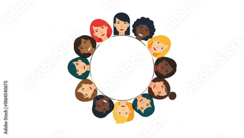 Diverse group of people heads in a circle, multicultural community, teamwork and unity concept, illustration for business, education, or social media use, friendly faces