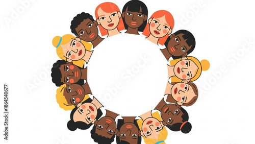 Diverse group of people forming a circle with happy faces and smiling expressions on white background with people circle and unity and diversity