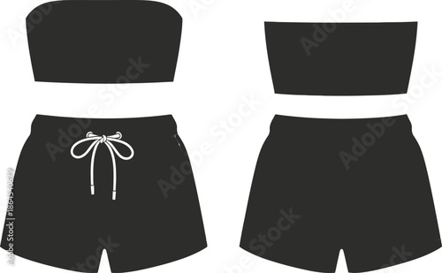 A black strapless tube top and matching drawstring shorts fashion set presented in a flat lay view