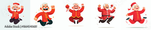 vector of a grandfather jumping happily celebrating Chinese New Year