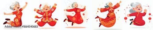 vector of a grandmother jumping happily celebrating Chinese New Year