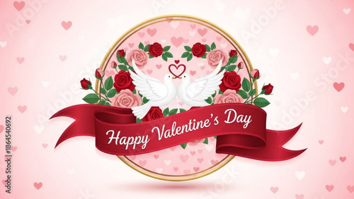 Valentine's day celebration with white doves, roses, and hearts on pink background, festive holiday graphic design with red ribbon and gold circle frame