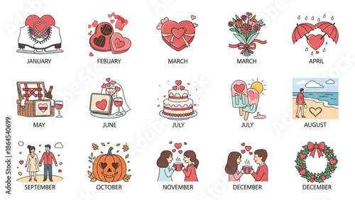 Monthly illustrations of romantic icons and symbols for valentine's day and love, including hearts, flowers, cakes, and couples, representing affection and relationships