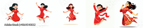 vector of a woman jumping happily celebrating Chinese New Year