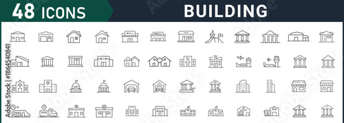 Collection of modern building and architecture icons for design projects