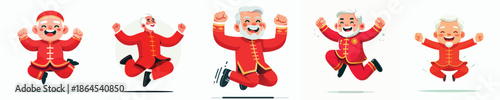 vector of a grandfather jumping happily celebrating Chinese New Year