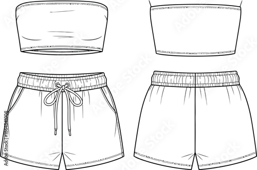 Fashion design sketch of a strapless tube top and matching drawstring shorts set front and back view