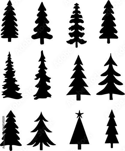 Collection of various pine and evergreen tree silhouettes