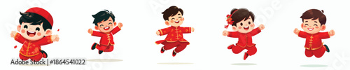 vector of a little boy jumping happily celebrating Chinese New Year