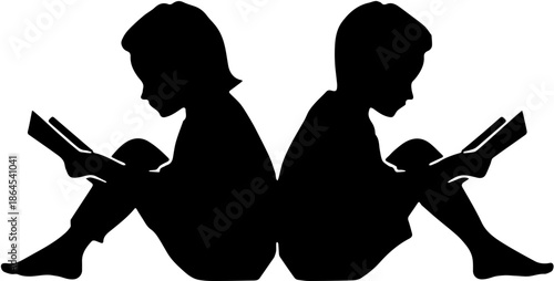 Silhouette of a little boy and girl sitting back to back and reading books.