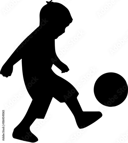 Silhouette of a little boy kicking a soccer ball on white background.