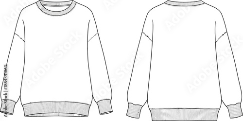 Technical illustration of a casual loose fitting sweatshirt with long sleeves and ribbed details shown front and back
