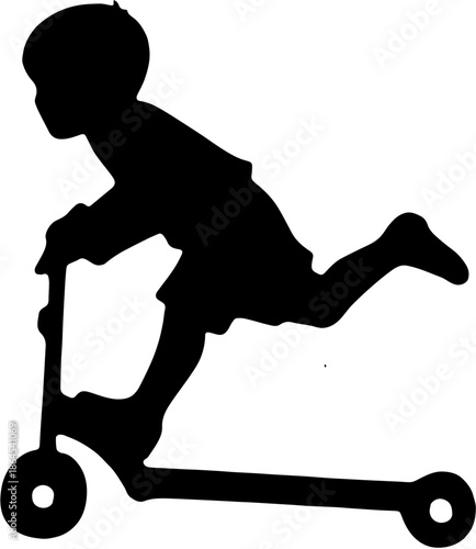 Silhouette of a little boy riding a kick scooter on white background.
