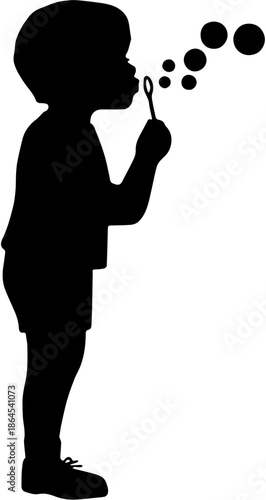 Silhouette of a little boy blowing soap bubbles on white background