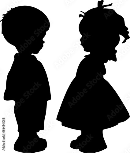 Silhouette of a little boy and girl standing face to face.