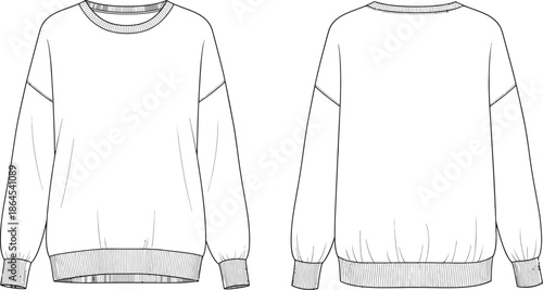 Technical illustration of a relaxed fit long sleeved sweatshirt presented in both front and back views