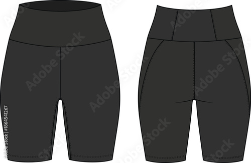 Illustration of black high waisted biker shorts shown in front and back views fashion template