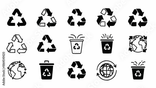 Collection of Recycling Symbols and Environmental Icons in Black and White.