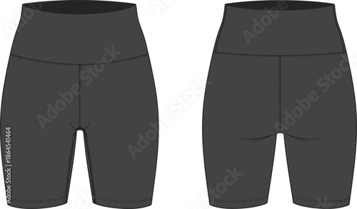 A detailed illustration of two pairs of dark gray high waisted cycling shorts front and back views