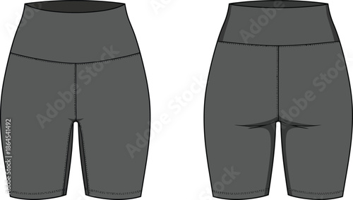 Illustration of grey high waisted biker shorts presented with front and back views for design reference