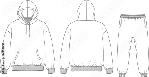 Technical fashion illustration of a casual hoodie and jogger tracksuit set in a white background