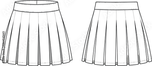 Detailed fashion illustration of two pleated skirts showcasing a classic style and design elements