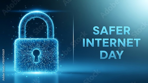 Safer internet day with glowing blue digital lock and circuit board design