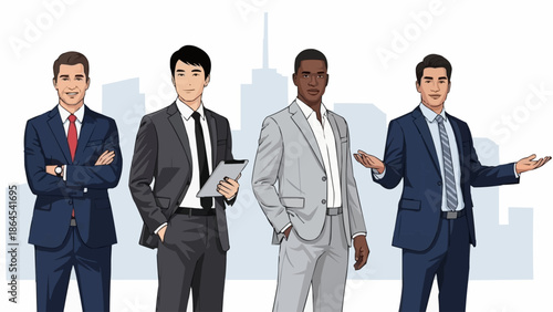 Diverse Group of Businessmen Standing Together in Front of Cityscape.