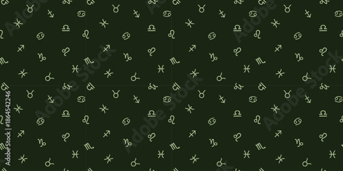 Seamless Dark green background with scattered zodiac signs pattern