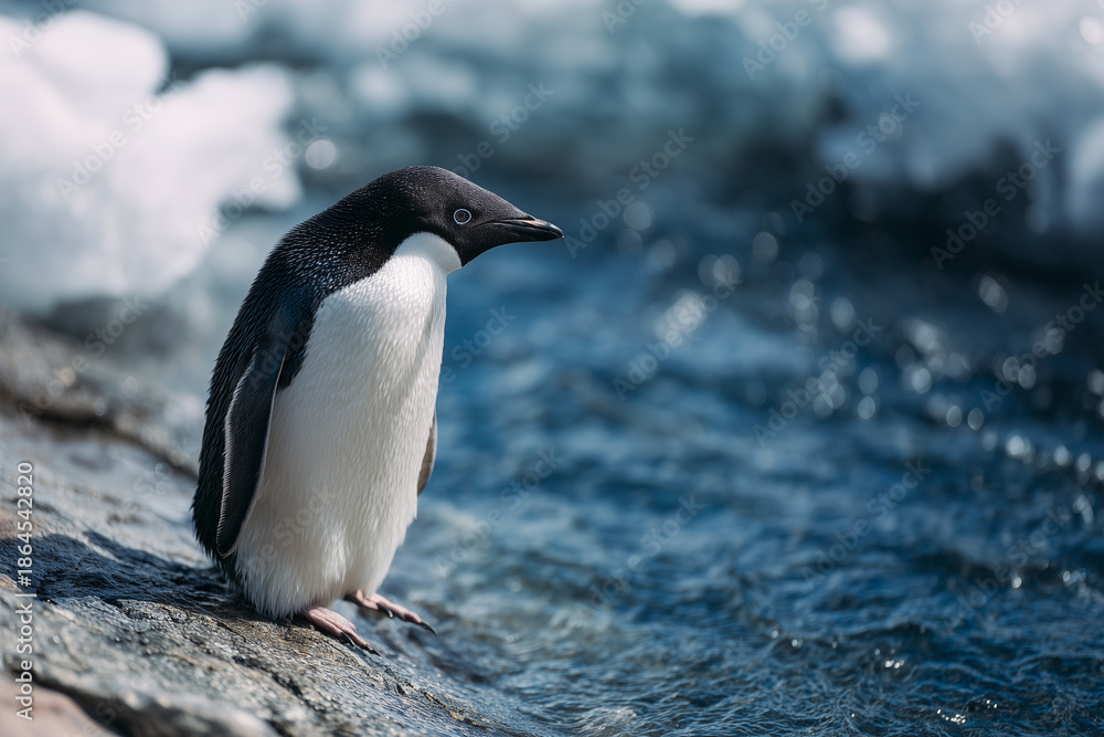 Fototapeta premium Penguin standing near flowing water in a natural habitat, wildlife and cold climate nature concept
