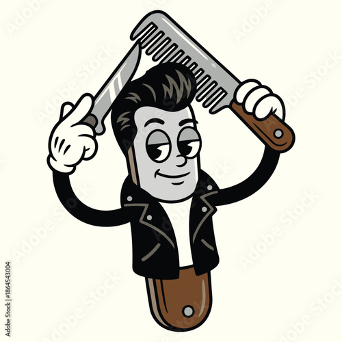 Retro Greaser Barber Mascot Holding Knife and Comb