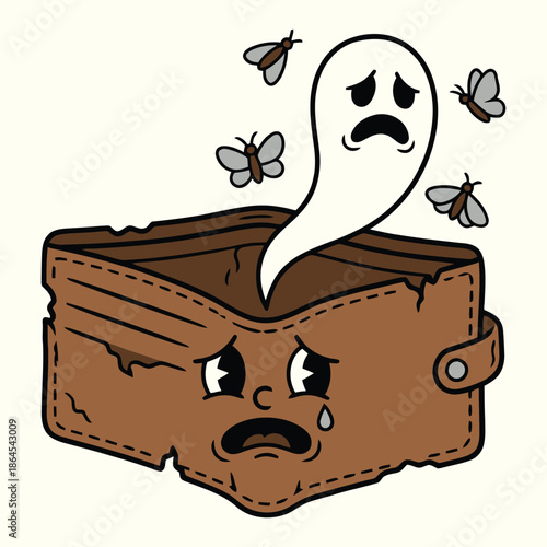 Empty Wallet Sad Cartoon Mascot with Crying Ghost and Moths