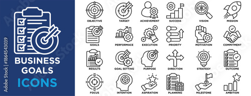 business goals icon collection set. Containing objective,target,achievement,success,vision,mission,focus,intention,aspiration,planning icon