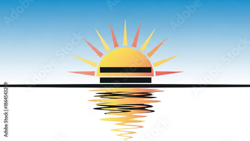 Vibrant sunrise with rays over calm water horizon line with nature and landscape and graphic and icon and yellow and orange and red and blue