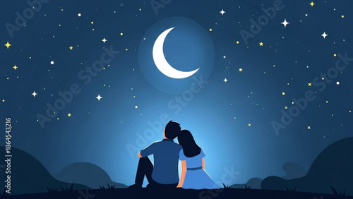 Romantic couple sitting together under a starry night sky with a crescent moon with stars and love and silhouette and illustration and romance