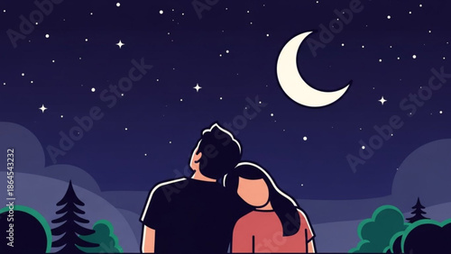 Couple gazing at starry night sky with crescent moon, romantic landscape with trees and hills, peaceful atmosphere, love and relationship concept, nighttime scenery