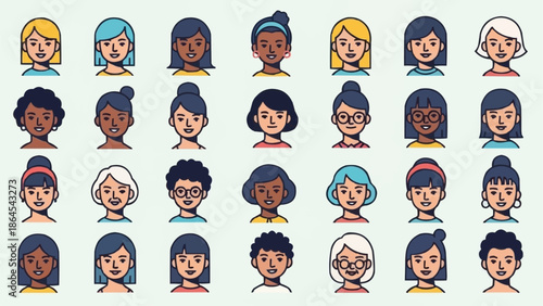 Diverse Collection of Womens Portraits in Cartoon Style.