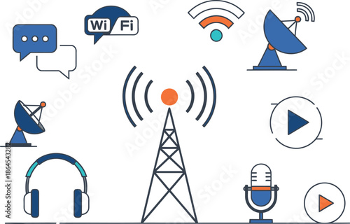 Collection of flat design icons representing wireless communication broadcasting media transmission and digital connectivity concepts surrounding a central broadcast tower
