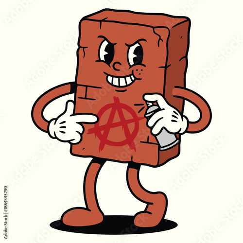 Old School Rubber Hose Brick Character Spraying Anarchy Symbol