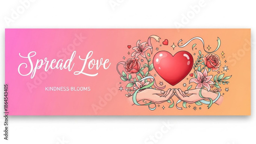 Spread love and kindness with a heart surrounded by flowers and hands on a pink and orange background with a floral design with inspiration and motivation