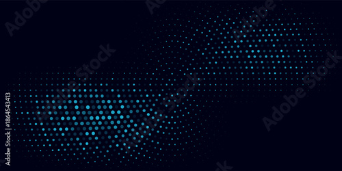Abstract blue halftone background with a dynamic dot pattern forming a glowing wave effect on a dark backdrop. The modern and futuristic design creates a sense of depth,