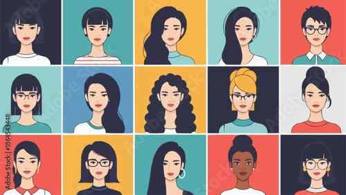 Diverse Collection of Womens Portraits in Flat Vector Style.
