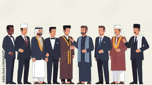 Diverse Group of Men in Traditional and Modern Attire Standing Together.