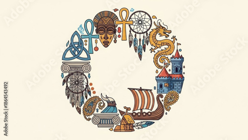 Viking inspired circular frame with celtic knotwork, tribal african mask, dreamcatcher, dragon, castle, ship, and native american headdress, mystical mythology