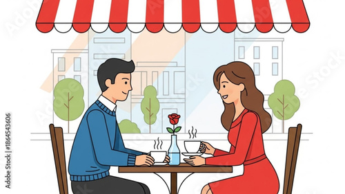Couple having coffee together at outdoor cafe table with red and white striped awning on a romantic date with romance and relaxation and love
