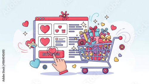 Online shopping cart with heart symbols and gifts, e commerce concept with buy now button and colorful presents in a digital basket with retail