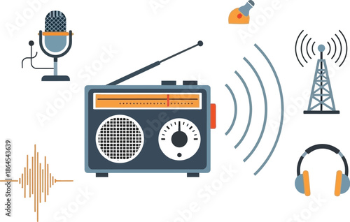 Concept illustration depicting essential elements of radio broadcasting including a portable receiver microphone transmitter tower and audio wave signals