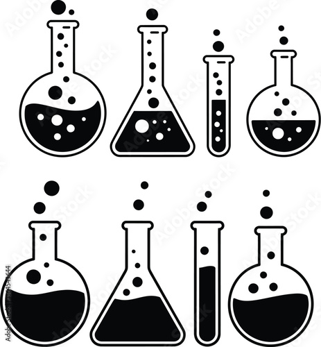 Seven black and white laboratory flasks with bubbles
