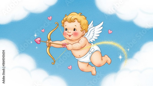 Cute cherub flying with bow and arrow shooting heart, surrounded by sparkling hearts and clouds, symbolizing love and romance in a whimsical illustration